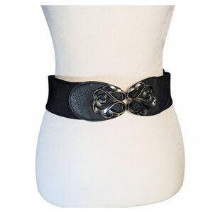 90s Y2K black wide stretch hook closure belt women's M